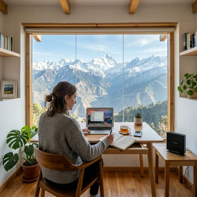 A productive home office setup with Himalayan mountain views