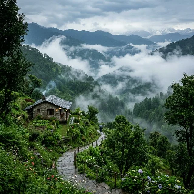 Misty mountain landscape in Mukteshwar during the monsoon season