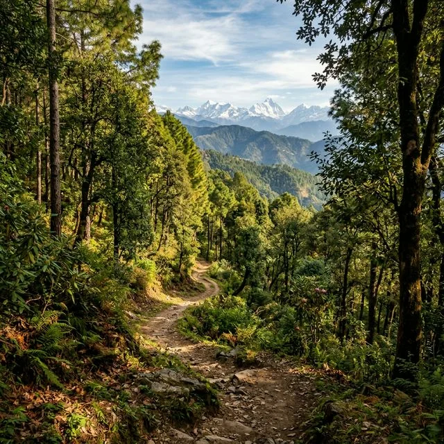 Beautiful trekking trail in Mukteshwar with Himalayan views