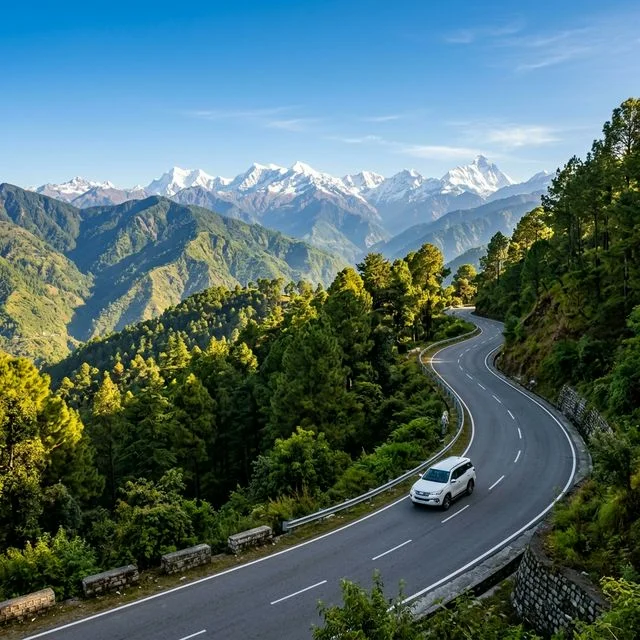 Scenic road winding through the Kumaon hills towards Mukteshwar
