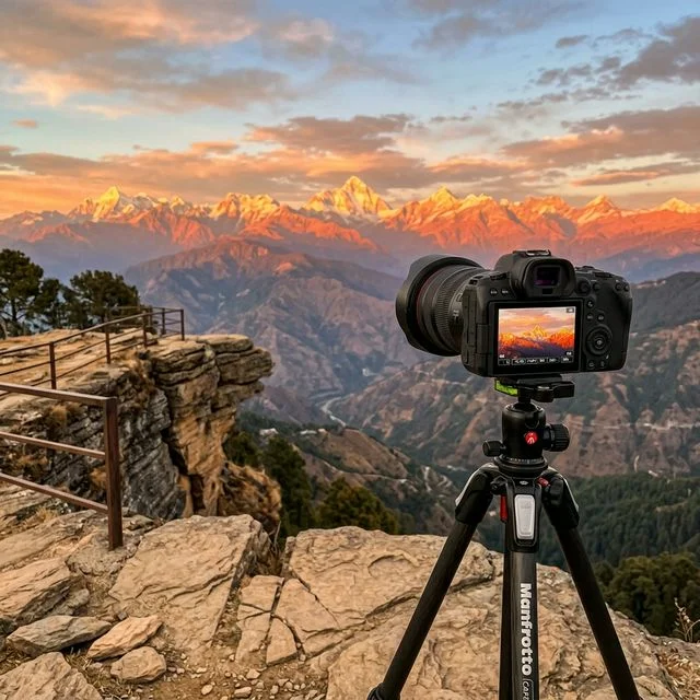 A professional camera capturing the Himalayan peaks at sunset in Mukteshwar