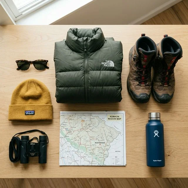 A neatly organized travel packing layout for a mountain trip to Mukteshwar