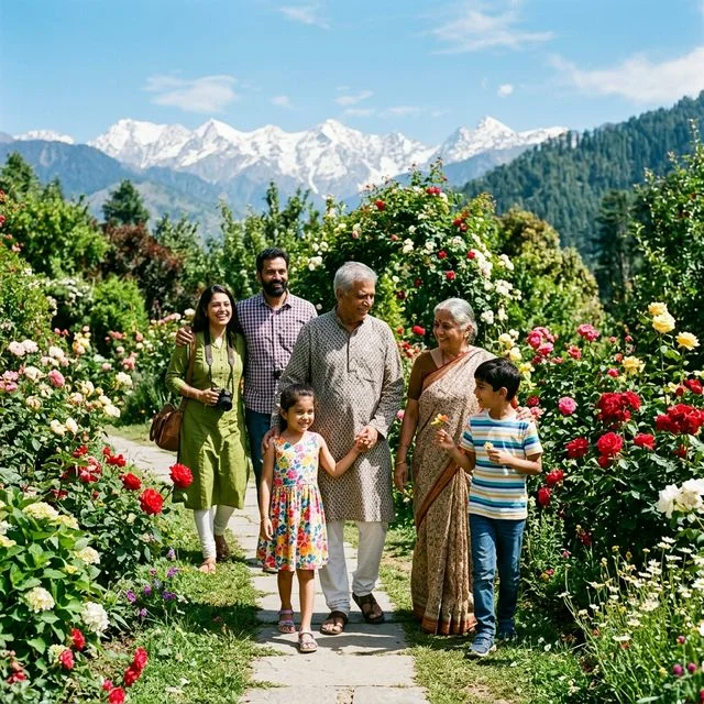 A multigenerational family enjoying a sunny day in a mountain garden
