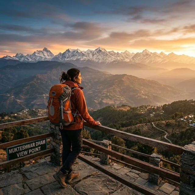 A solo traveler standing on a ridge with vast Himalayan views at golden hour