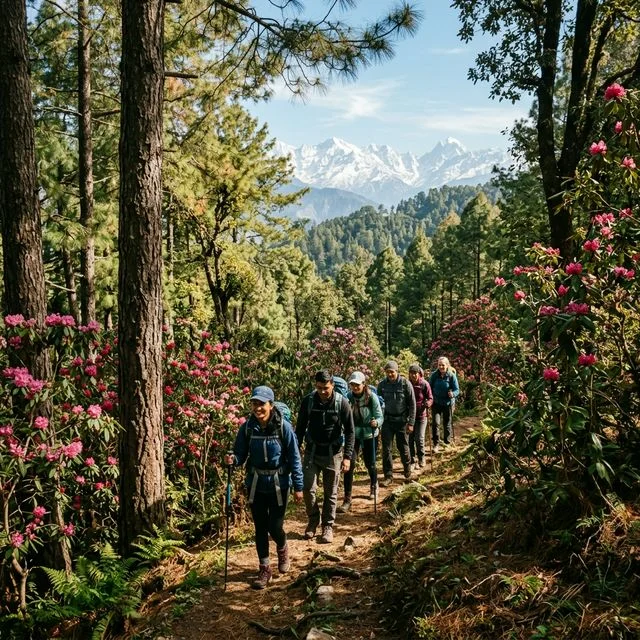 Group of trekkers walking through a pine forest with Himalayan views