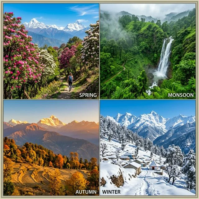 Seasonal montage of Mukteshwar from spring blossoms to winter snow