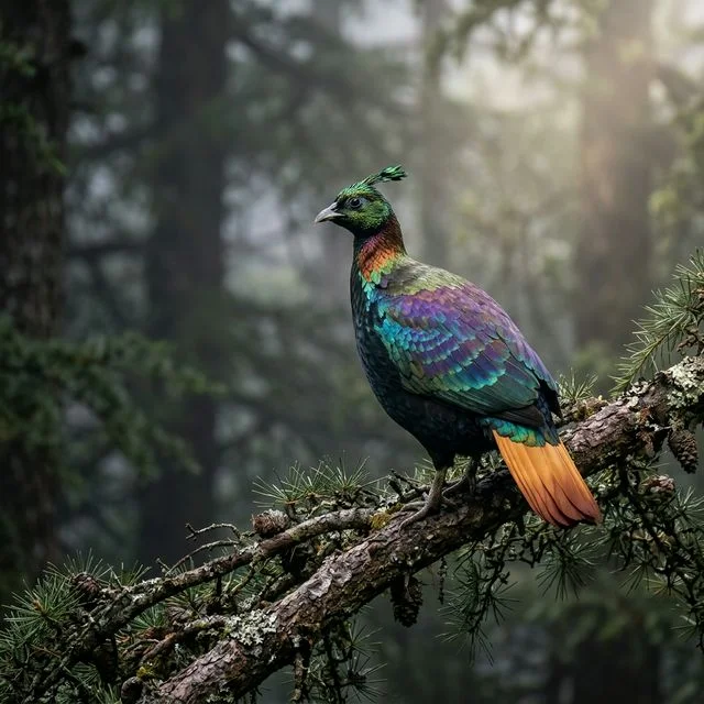 Himalayan Monal, the state bird of Uttarakhand, perched in a misty Mukteshwar forest