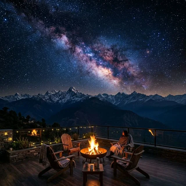 The Milky Way over the Himalayan mountains in Mukteshwar, as seen from Ecoescape terrace