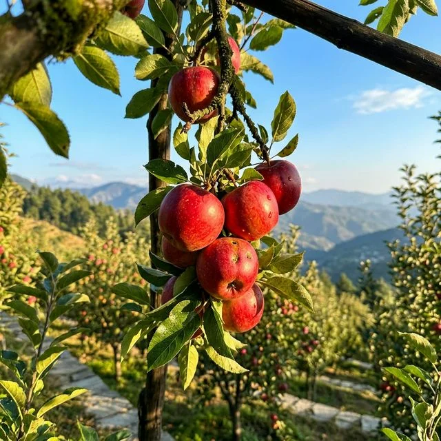 Lush fruit orchard in Mukteshwar with ripe fruits on trees