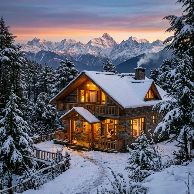 Cozy homestay in Mukteshwar covered in snow with Himalayan views