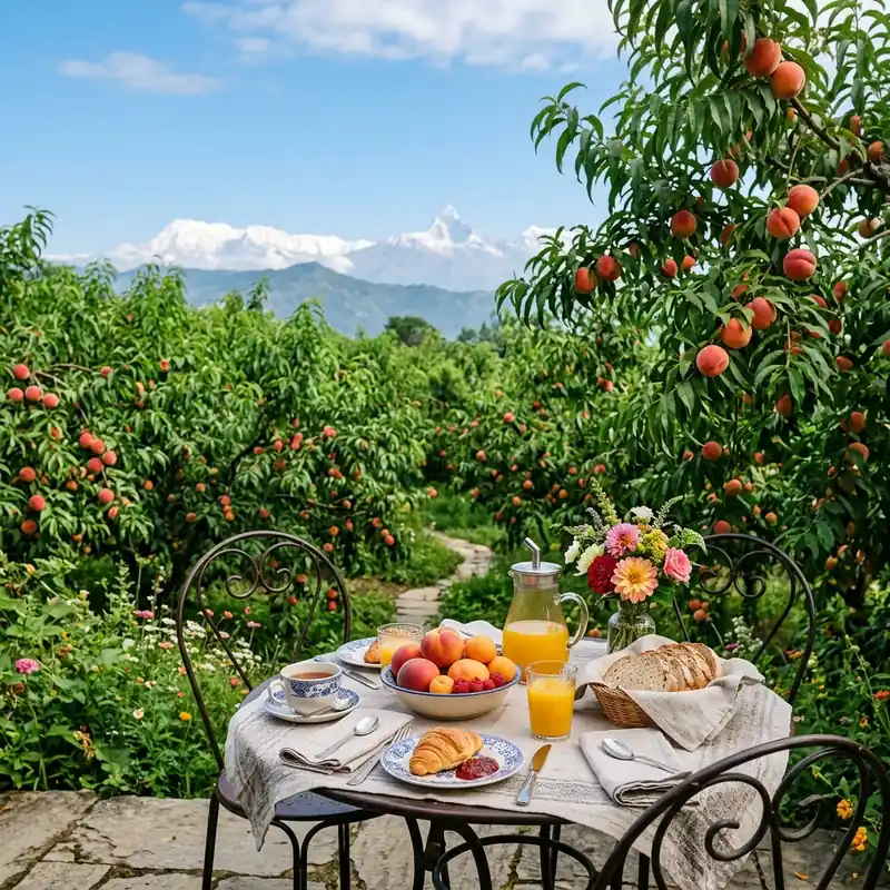 Summer escape breakfast at Ecoescape Mukteshwar orchard with cool Himalayan mountain breeze