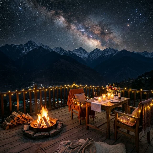 A romantic candlelit dinner setup on a terrace with mountain views at night