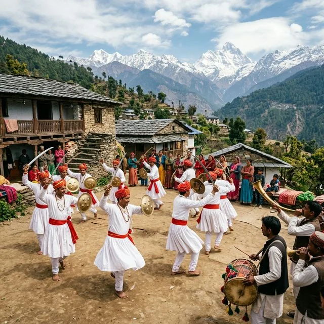 Traditional Choliya dancers performing in a village square in Mukteshwar