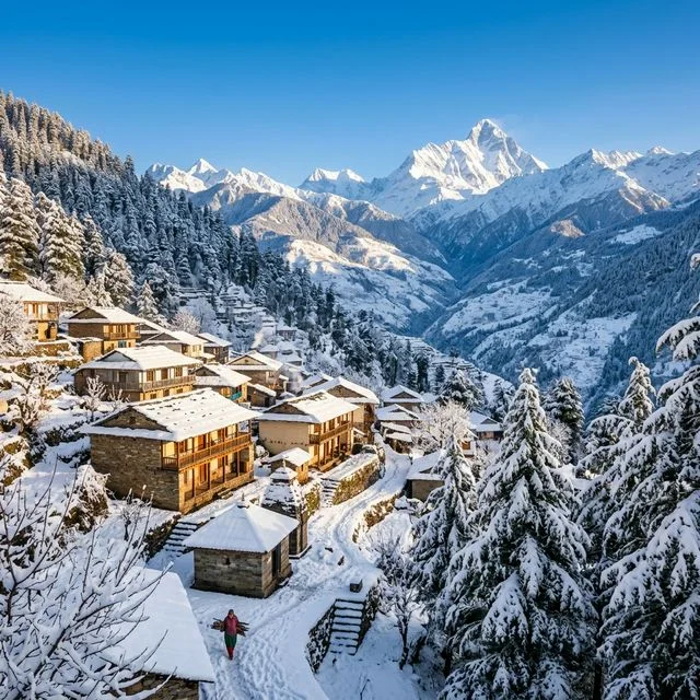 Mukteshwar village covered in thick white snow with Himalayan peaks in the background