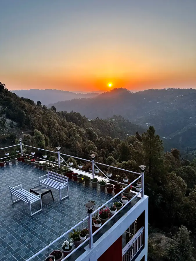 Seasonal views of Mukteshwar showing the garden terrace