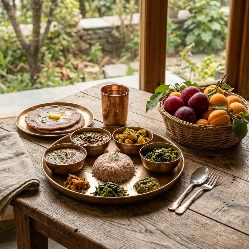 Traditional Kumaoni Thali served with fresh mountain fruits