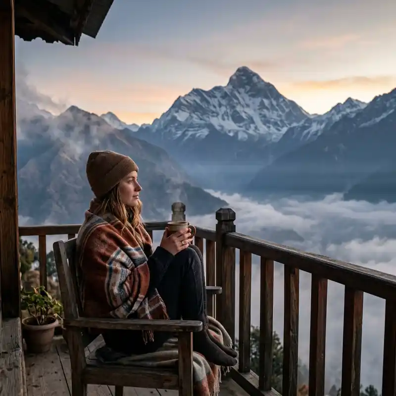 Peaceful traveler sitting on a balcony at dawn with Himalayan views