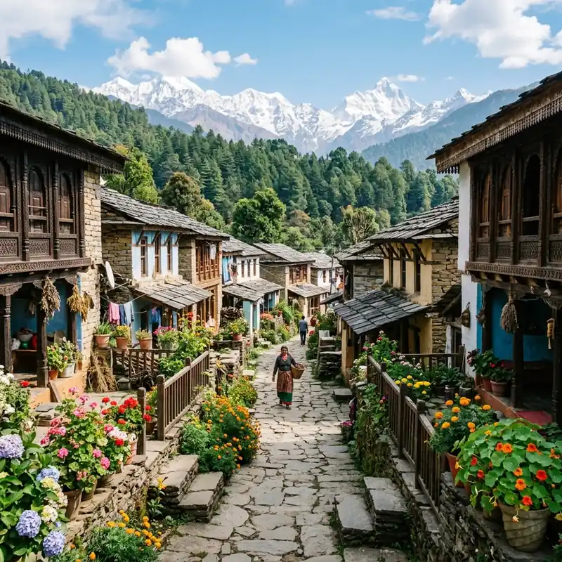 A winding stone path through a traditional Kumaoni village