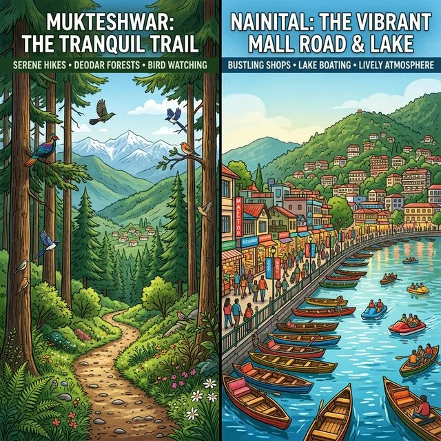 Comparison of peaceful Mukteshwar trail and busy Nainital lake